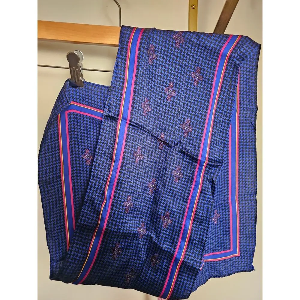 1986 Ginnie Johansen 100% Silk Blue Patterned Scarf with Pink Accent